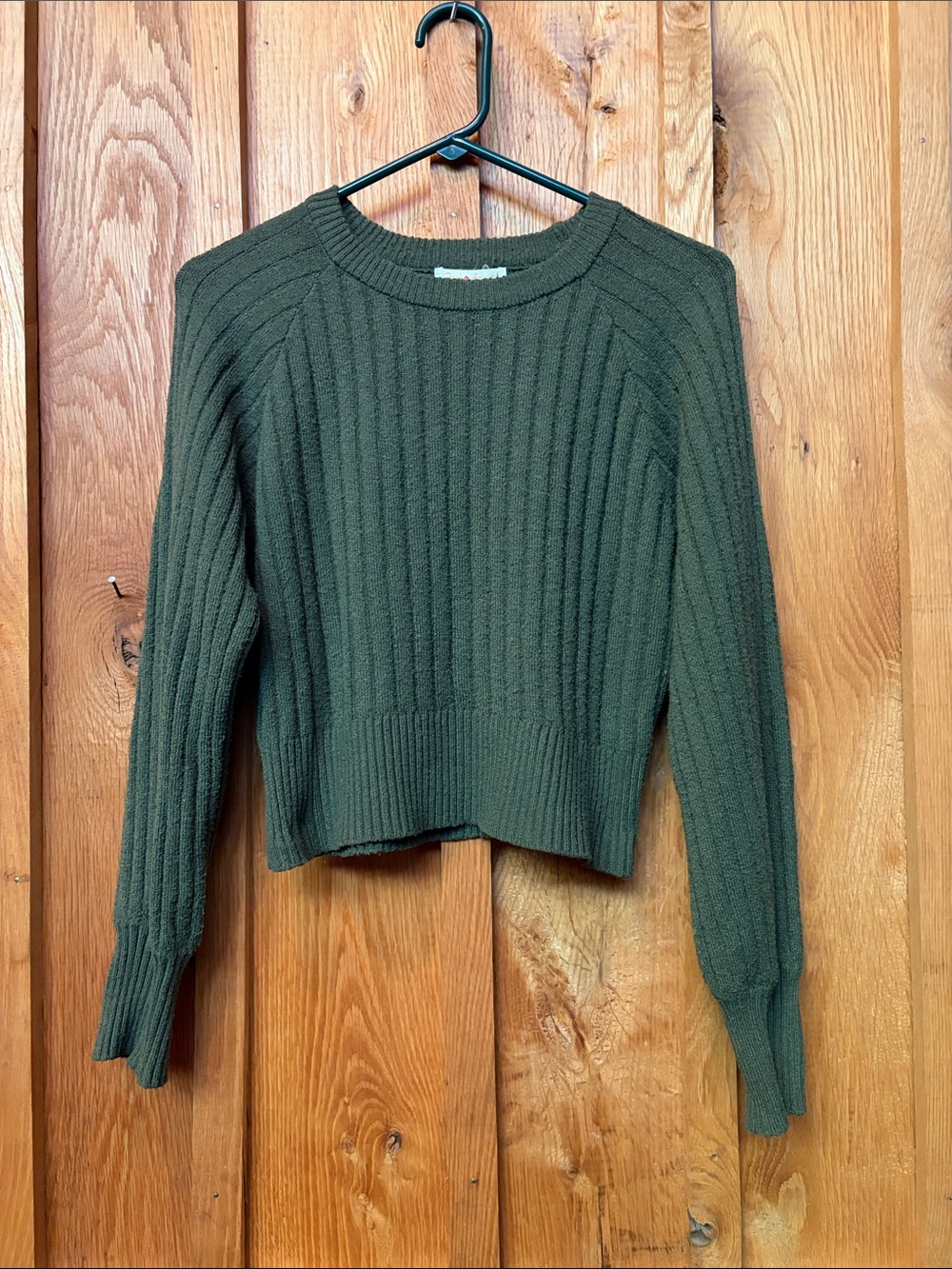 Poof Apparel Cropped Ribbed Bodycon Knit Crewneck Sweater, Olive Green, Medium